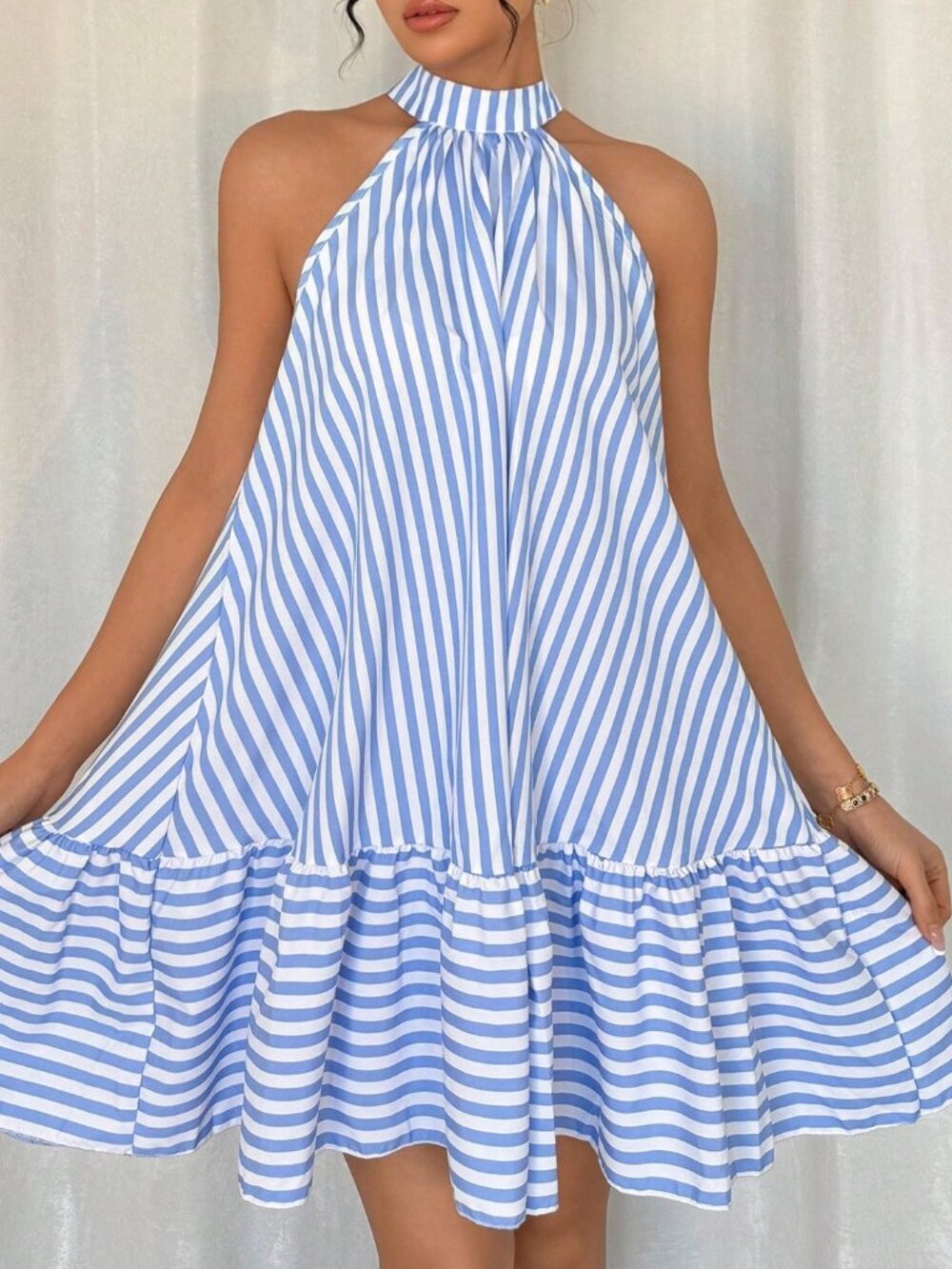 Blue And White Elegant Women's Halter Neck Frill Trim Striped Vacation Dress - Picture 6 of 6